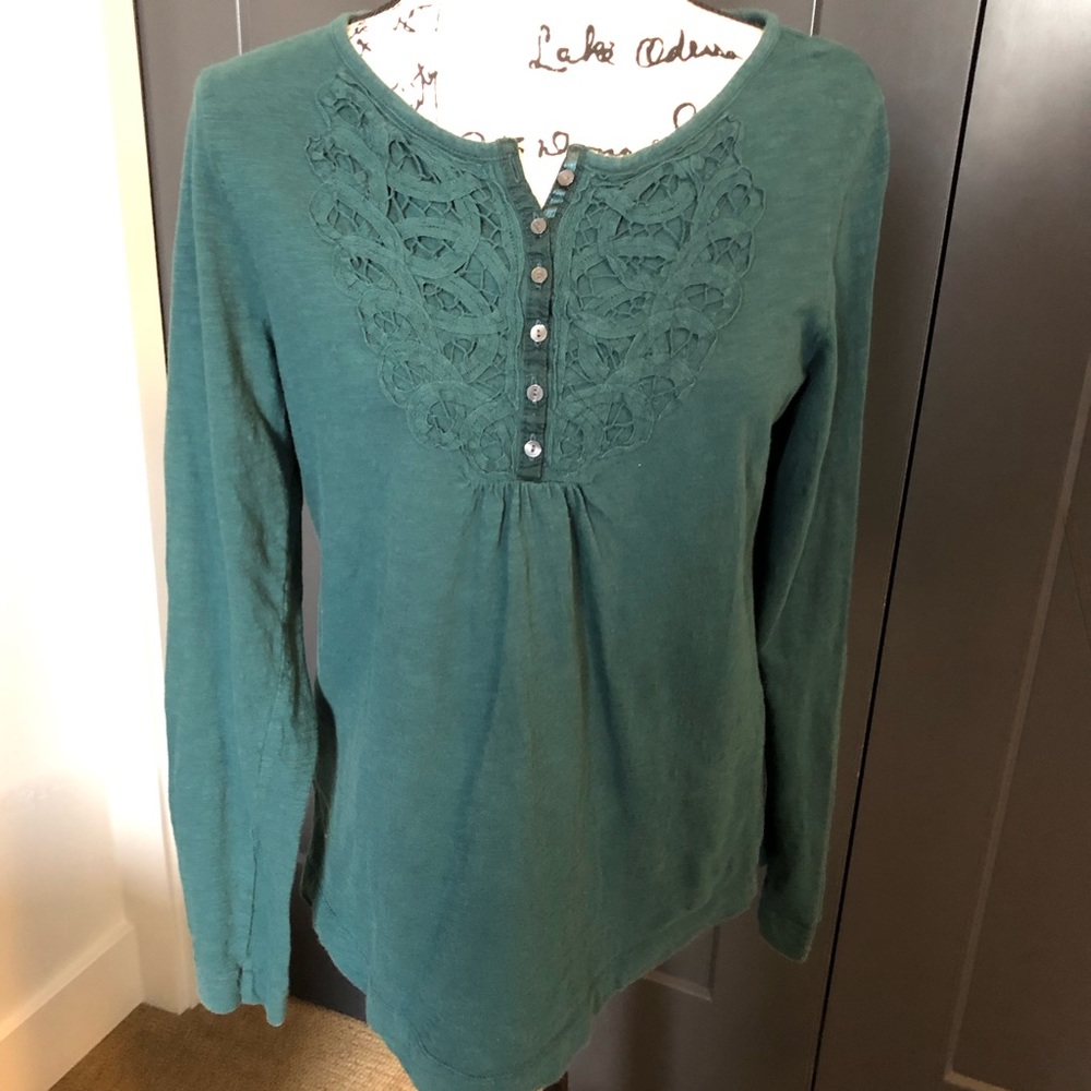 Eddie Bauer top in dark green with lace yoke.